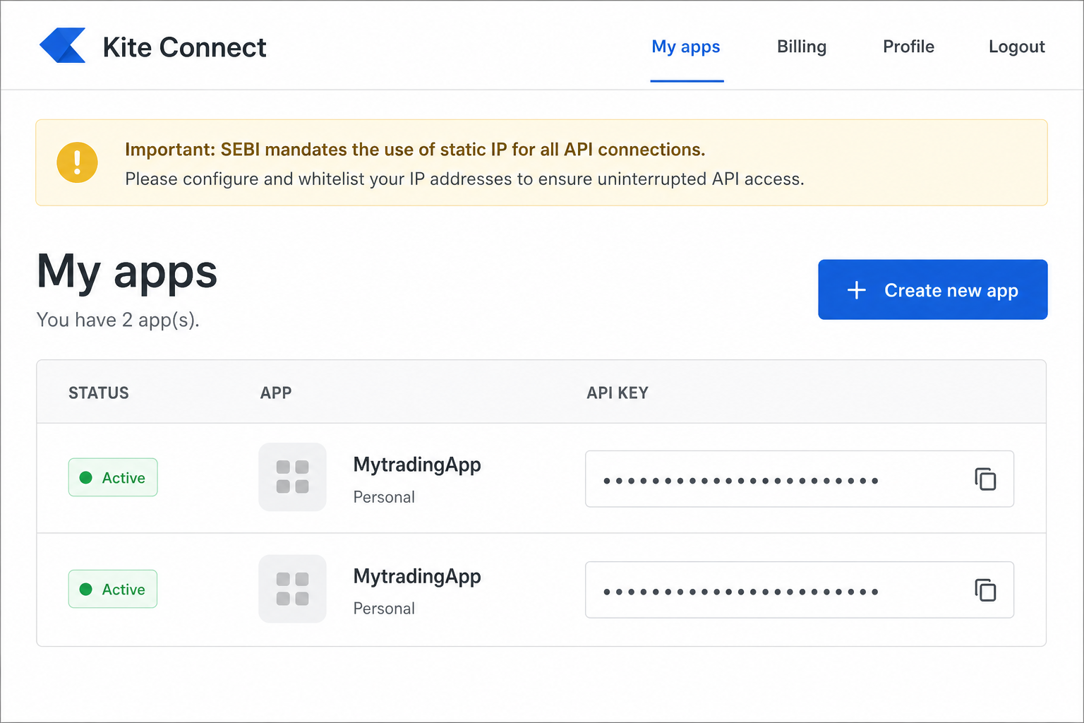 Kite Connect My apps page