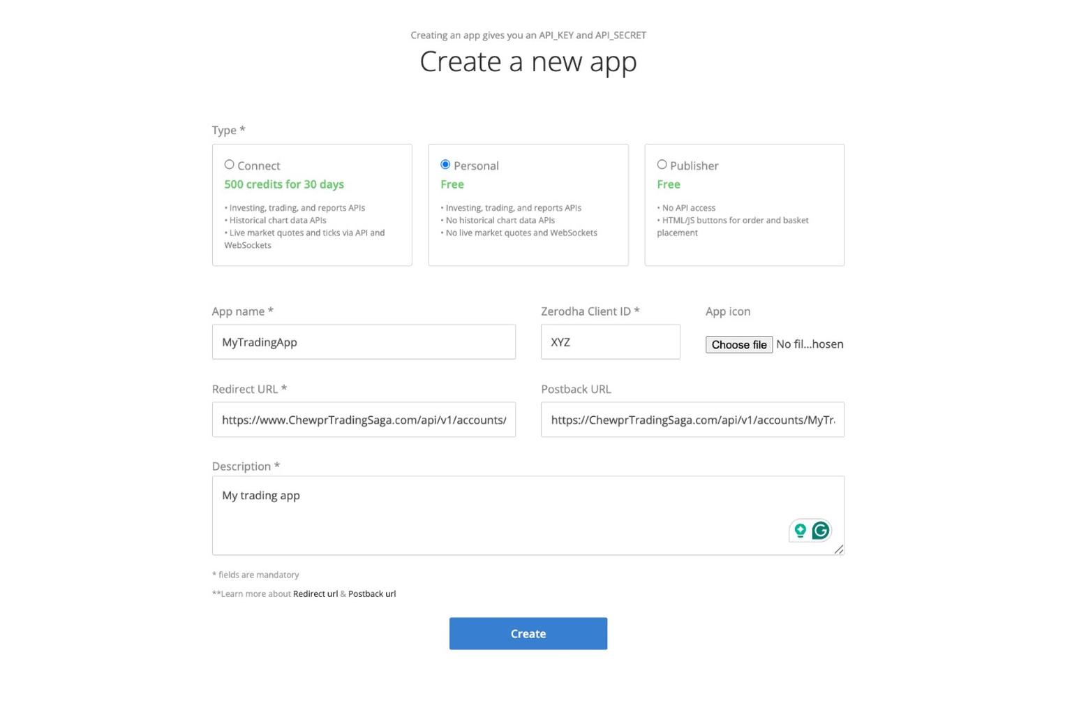 Create app form