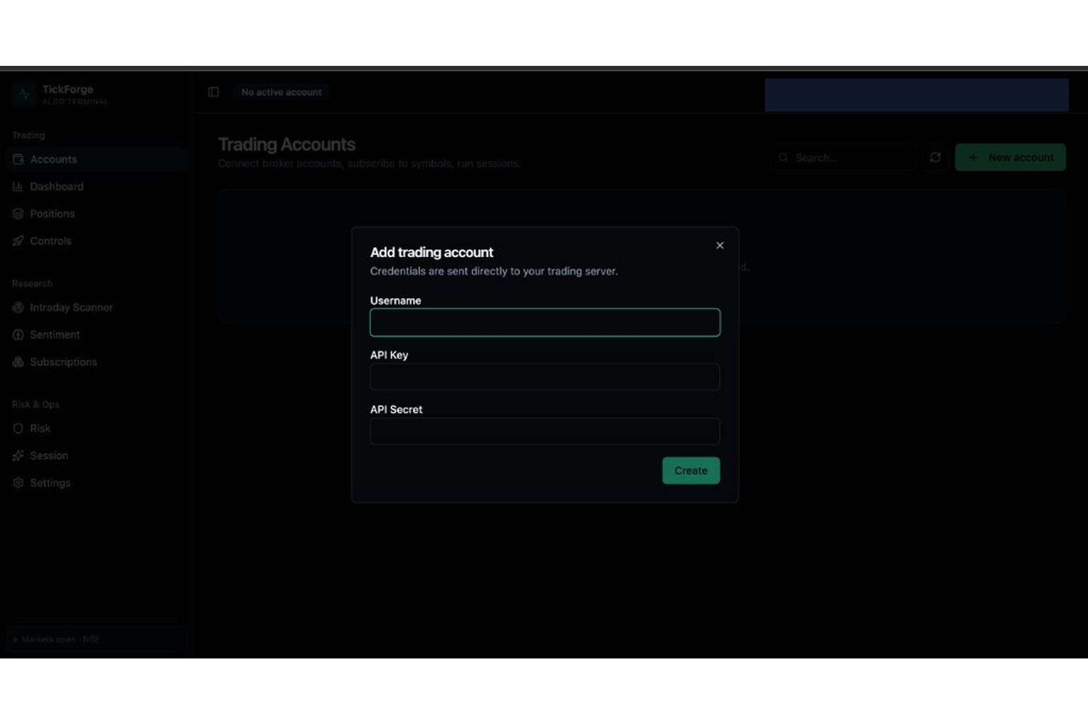 TickForge add account dialog